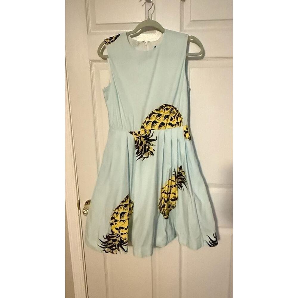MSGM Light Blue Sleeveless Pineapple Print Cotton Fit and‎ Flare Dress